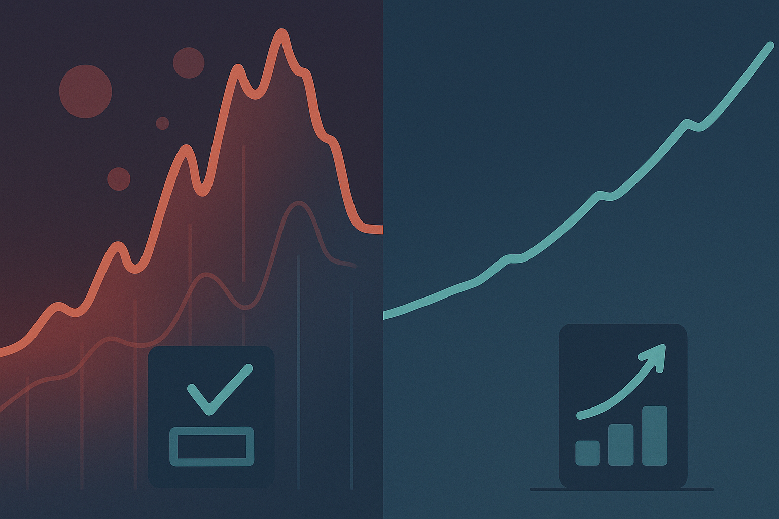 Abstrakte Illustration zur Dotcom-Blase mit Gegenüberstellung von Einstieg 1999 und Einstieg 2003 in einem modernen Finanzblog-Stil